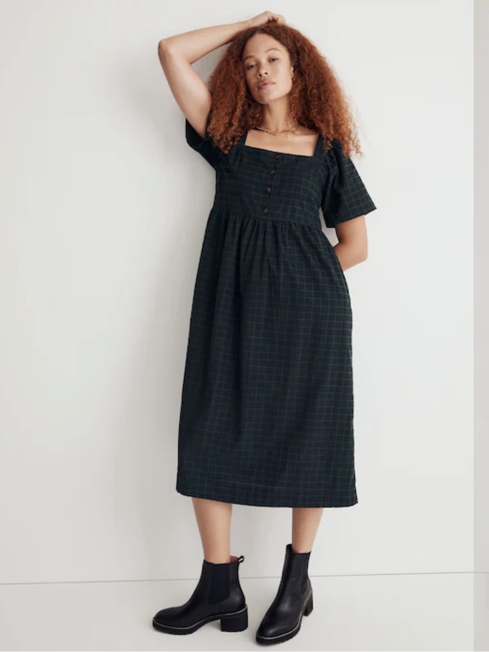 Madewell Corduroy Square-Neck Midi Dress in Windowpane Dark Palm W2578 Sz M